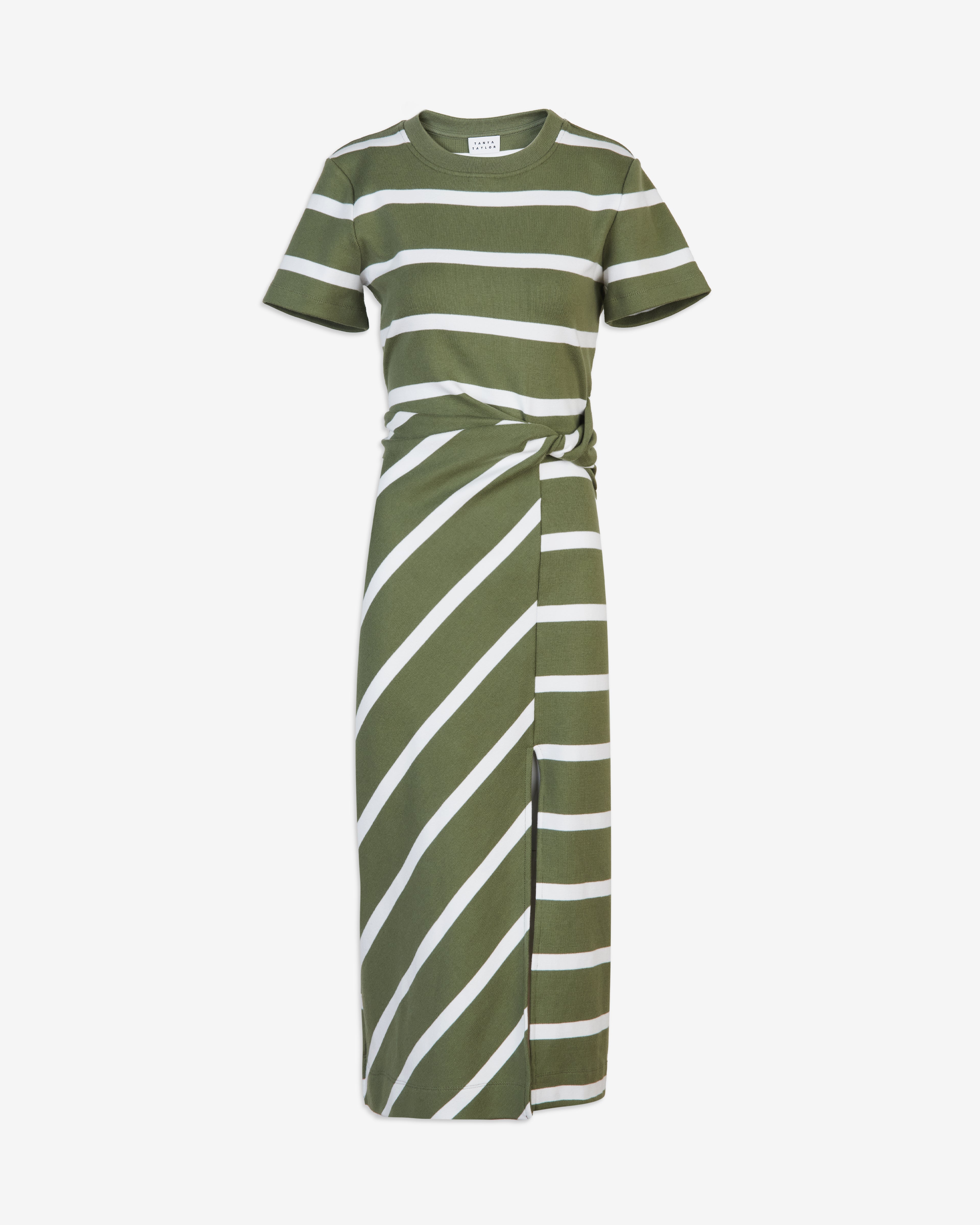 Tanya Taylor | Short Sleeve Striped Cody Dress | Army/Cream Midi Dress