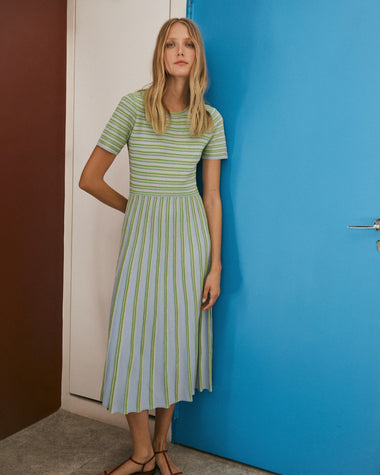blue striped knit dress Blue Striped Knit Mini Dress