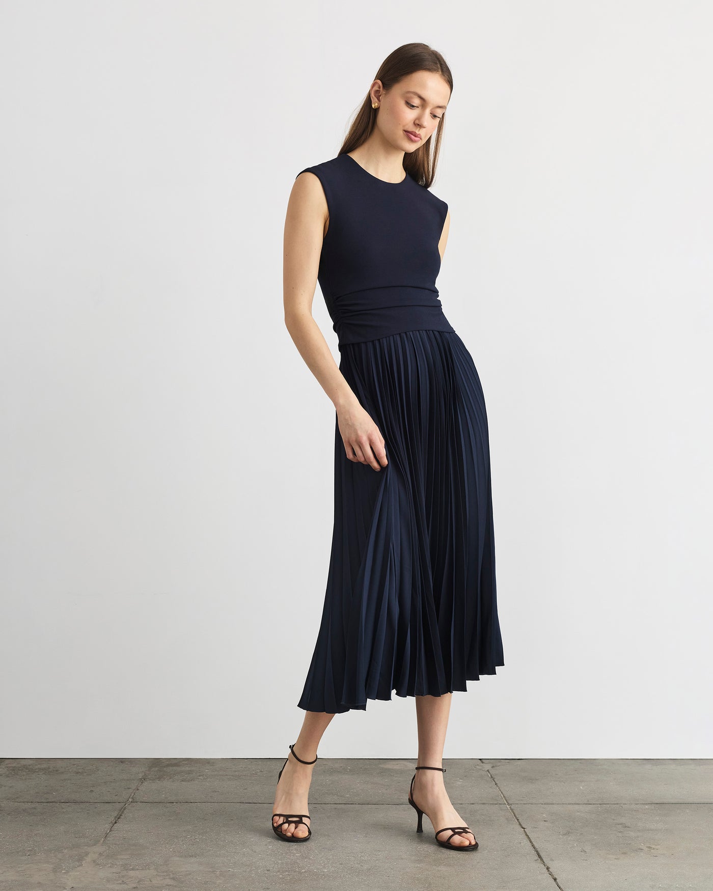 blue pleated midi dress Tanya Taylor | Carly | Navy Style:TW2140 Iron Low Heat Name:Leland Elaine Diamante Trim Maxi