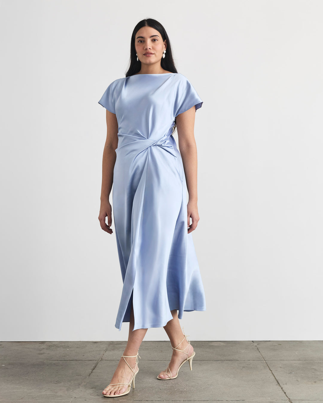 ciara ruched midi dress in Powder Blue 8 MerchFabric:HOTFIX MESH Color:Blue color as picture Twist detail at waist Heels To Wear With