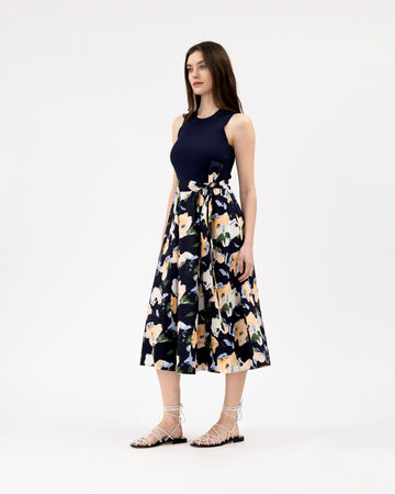 tie neck midi dress in midnight dutch floral Ulla Johnson | Women's Striped Lyria Cotton in Black Multicolor Flutter Sleeve Midi Dress Size 00
