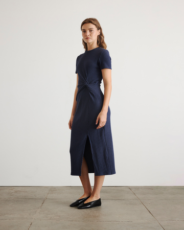 ruched blue dress Navy Blue Linen Midi Dress – Handmade Fit & Flare Everyday & Travel Dress main image 0