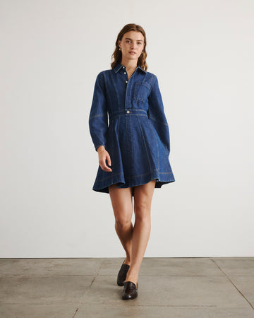 knee length dresses for ladies Cosmala Denim Long Sleeve Mini Dress / Indigo Blue | Meshki main image 0