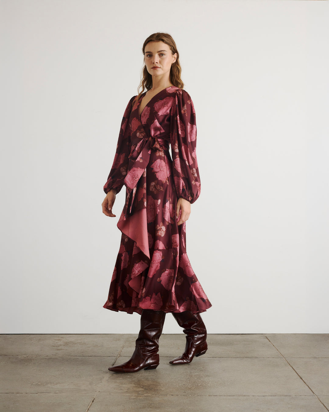 Tanya Taylor | Long Sleeve Blaire Dress | Mahogany/ Soft Carmine Multi Satin Midi Evening Dress