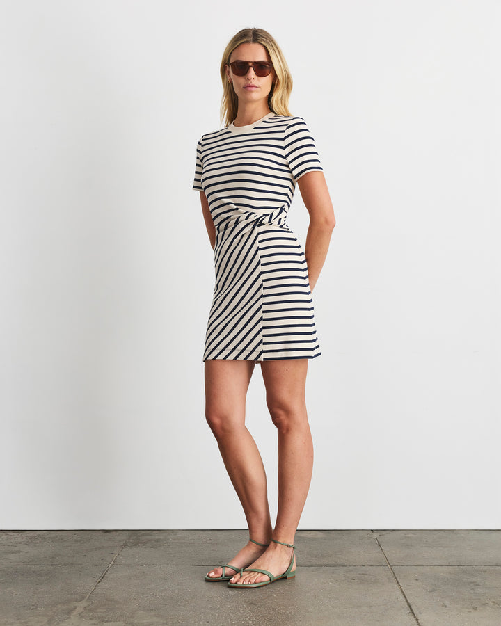 black and white striped dress short sleeve Women's Short Sleeve Tie-Front Knit Mini Dress