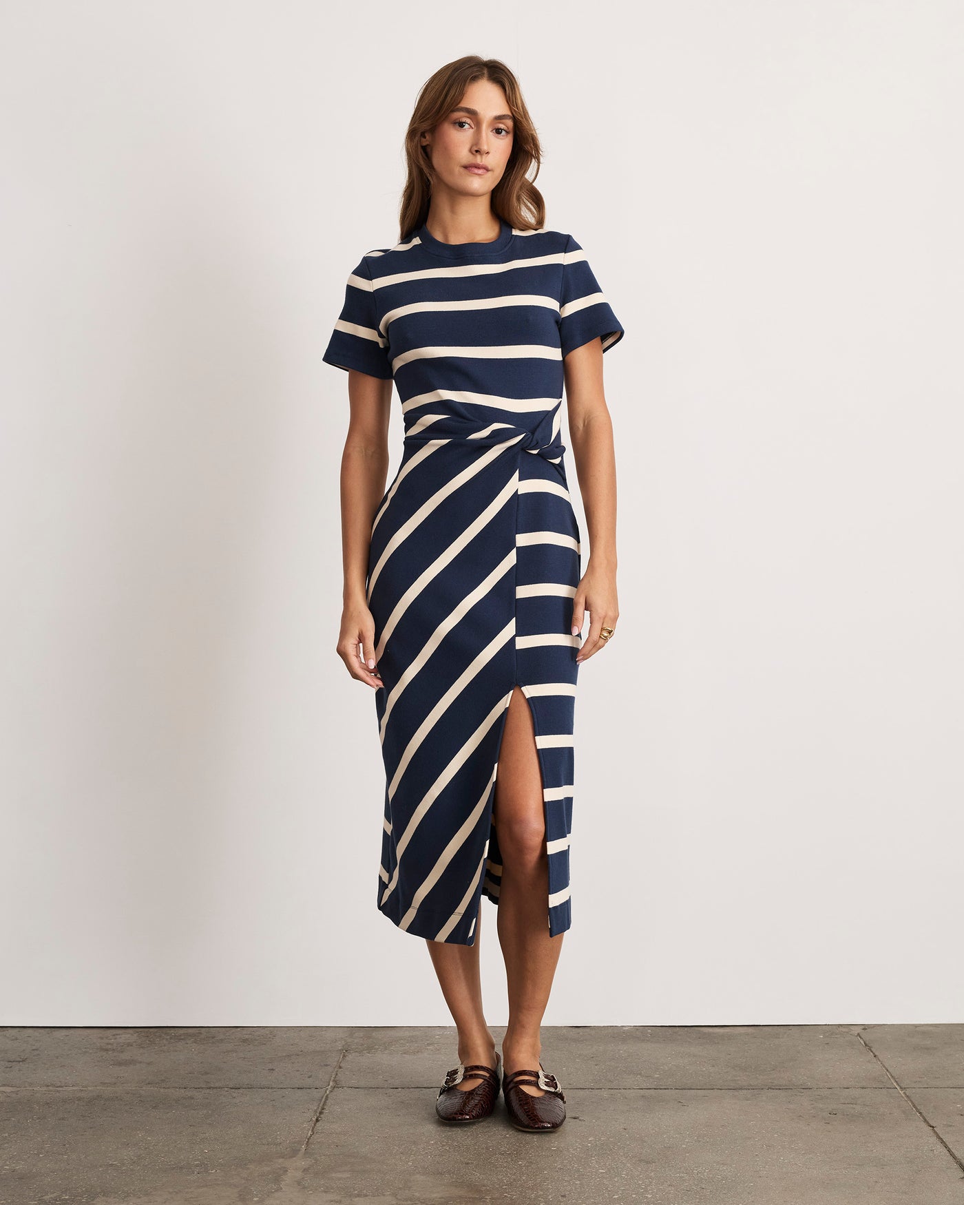 Tanya Taylor | Short Sleeve Striped Cody Dress | Maritime Blue/cream Wide Stripe Midi Dress