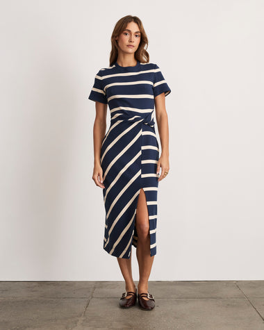 Tanya Taylor | Short Sleeve Striped Cody Dress | Maritime Blue/cream Wide Stripe Midi Dress - M Tanya Taylor | Short Sleeve Striped Cody Dress | Maritime Blue/cream Wide Stripe Midi Dress - M
