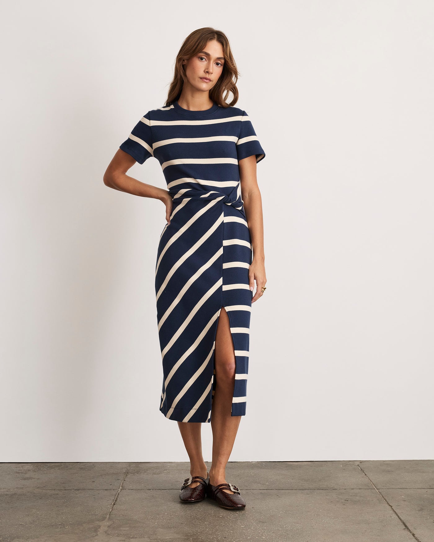 Tanya Taylor | Short Sleeve Striped Cody Dress | Maritime Blue/cream Wide Stripe Midi Dress