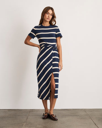 Tanya Taylor | Short Sleeve Striped Cody Dress | Maritime Blue/Cream Wide Stripe Midi Dress - M Tanya Taylor | Short Sleeve Striped Cody Dress | Maritime Blue/Cream Wide Stripe Midi Dress - M