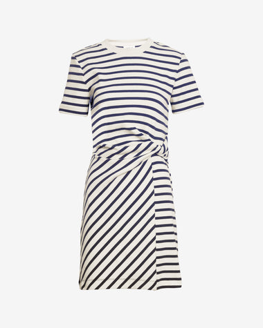 short black and white striped dress Tanya Taylor | Short Striped Cody Dress | Cream/classic Navy Multi Midi Dress