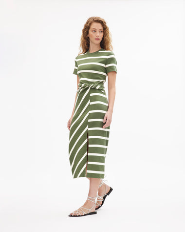 Tanya Taylor | Short Sleeve Striped Cody Dress | Army/Cream Midi Dress - M Tanya Taylor | Short Sleeve Striped Cody Dress | Army/Cream Midi Dress - M