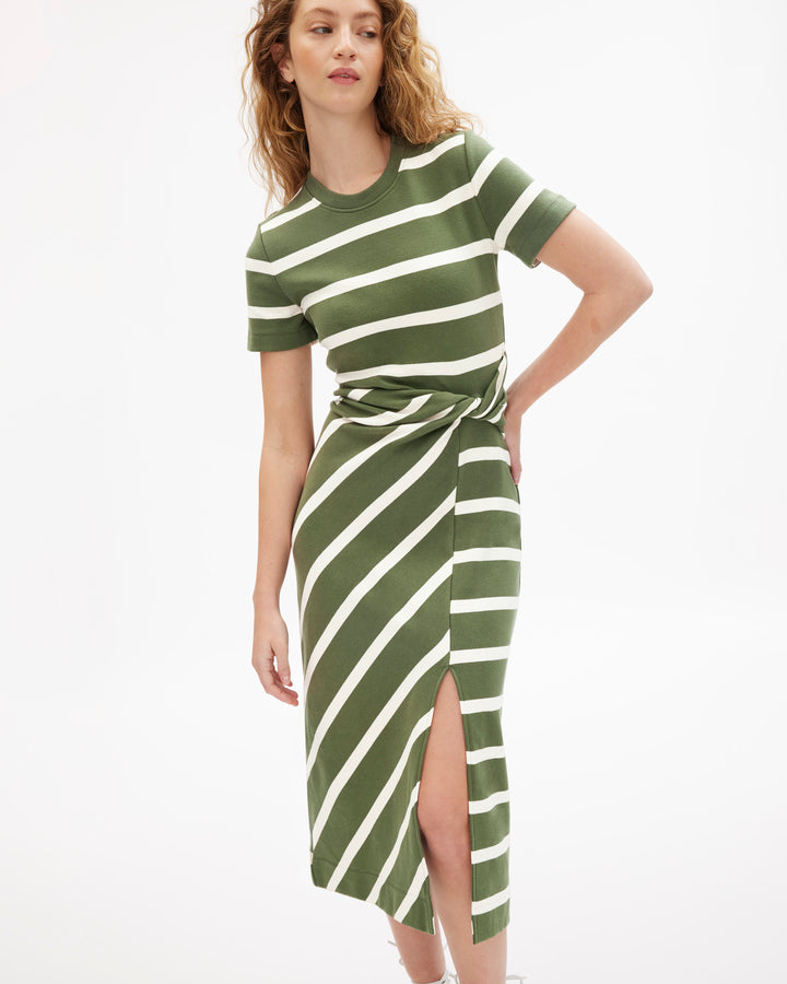 Tanya Taylor | Short Sleeve Striped Cody Dress | Army/Cream Midi Dress - S Tanya Taylor | Short Sleeve Striped Cody Dress | Army/Cream Midi Dress - S