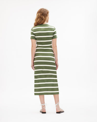 Tanya Taylor | Short Sleeve Striped Cody Dress | Army/Cream Midi Dress Tanya Taylor | Short Sleeve Striped Cody Dress | Army/Cream Midi Dress