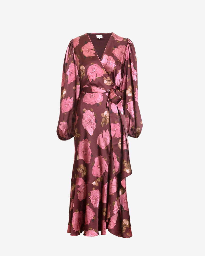 Tanya Taylor | Long Sleeve Blaire Dress | Mahogany/ Soft Carmine Multi Satin Midi Evening Dress - 2