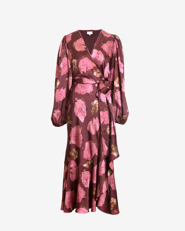 Tanya Taylor | Long Sleeve Blaire Dress | Mahogany/ Soft Carmine Multi Satin Midi Evening Dress - 2 Tanya Taylor | Long Sleeve Blaire Dress | Mahogany/ Soft Carmine Multi Satin Midi Evening Dress - 2