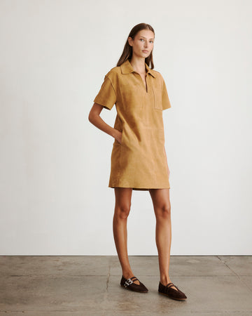 knee length dresses for ladies Cognac Faux Suede Drop Waist Ruffle Hem Mini Dress main image 0