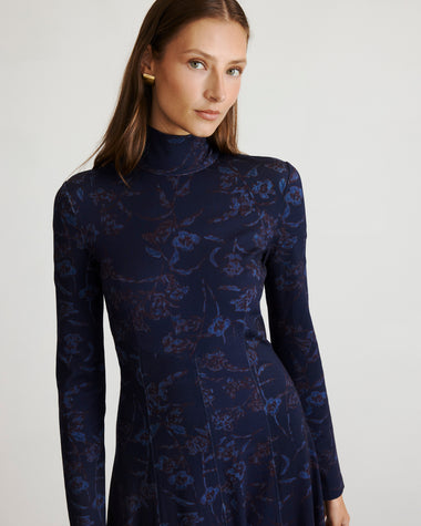 Tanya Taylor | Thea Dress | Maritime Blue/mahogany Multi Turtleneck Midi Dress - S Tanya Taylor | Thea Dress | Maritime Blue/mahogany Multi Turtleneck Midi Dress - S